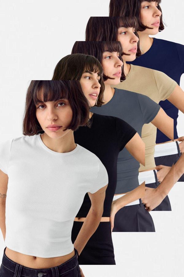 Vodens Kadın Beyaz Siyah Antrasit Bej Lacivert 5'Li Kısakol %100 Pamuk Body - Image 1