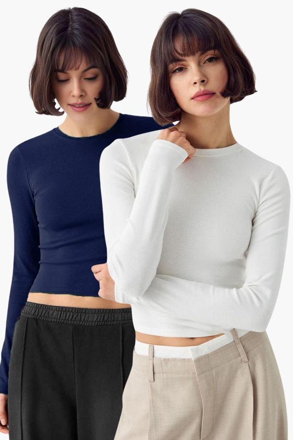 Vodens Lacivert Beyaz 2'Li Bisiklet Yaka Basic Ultra Soft %100 Pamuk Uzun Kol Bluz - Image 1