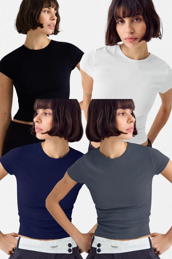 Vodens Kadın Beyaz Siyah Antrasit Lacivert 4'Lü Kısakol %100 Pamuk Body - Image 1