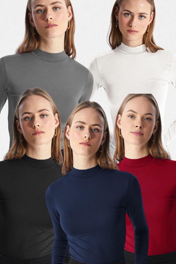 Vodens Kadın Siyah Beyaz Lacivert Bordo Antrasit 5'Li Dik Yaka Ultra Soft Body Bluz - Image 1