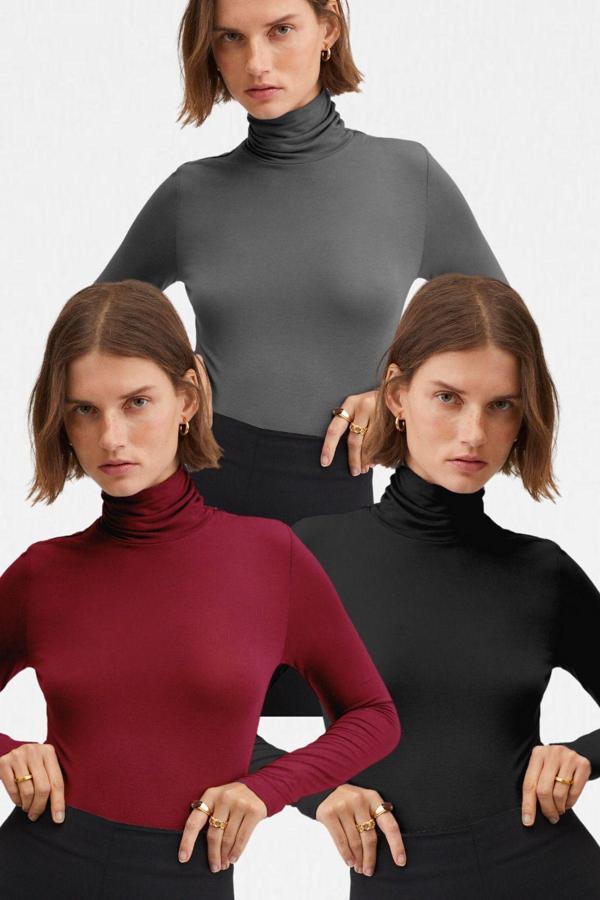 Vodens Kadın Siyah Antrasit Bordo 3'Lü Balıkçı Yaka Ultra Soft Bluz - Image 1