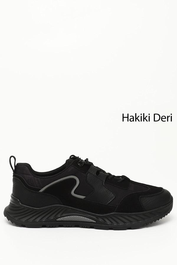 Erkek Siyah Bağcıklı Kauçuk Taban Hakiki Deri Sneaker - Image 1