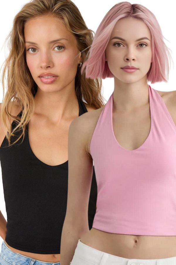 Vodens Kadın Siyah Pembe 2'Li Halter Yaka Crop Top Body - Image 1