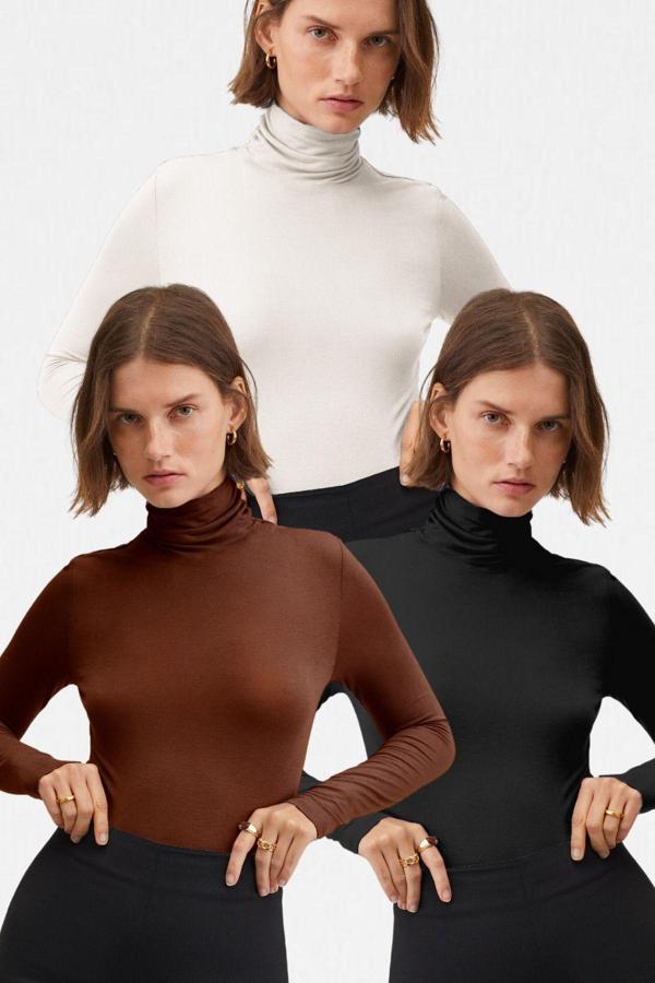 Vodens Kadın Siyah Beyaz Kahve 3'Lü Balıkçı Yaka Ultra Soft Bluz - Image 1