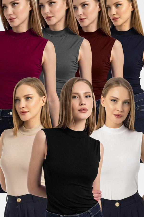 Vodens Siyah Kahve Bej Antrasit Beyaz Bordo Lacivert 7'Lı Kolsuz Body Bluz - Image 1