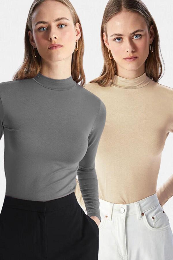 Vodens Kadın Antrasit Bej 2'Li Dik Yaka Ultra Soft Body - Image 1