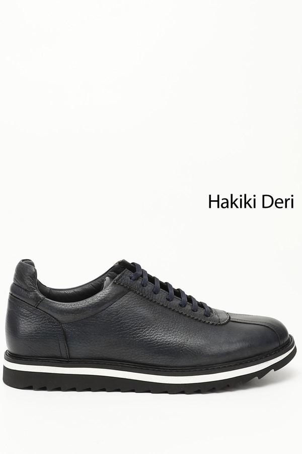 Erkek Lacivert Antik Bağcıklı Hakiki Deri Comfort Sneaker - Image 1