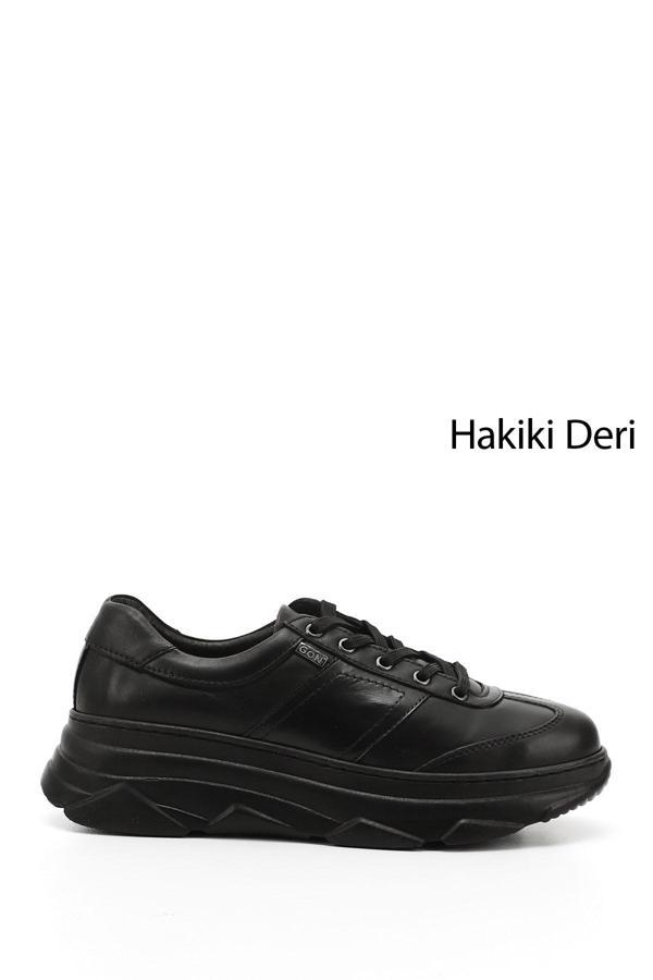 Kadın Siyah Dolgu Taban Bağcıklı Hakiki Deri Sneaker - Image 1