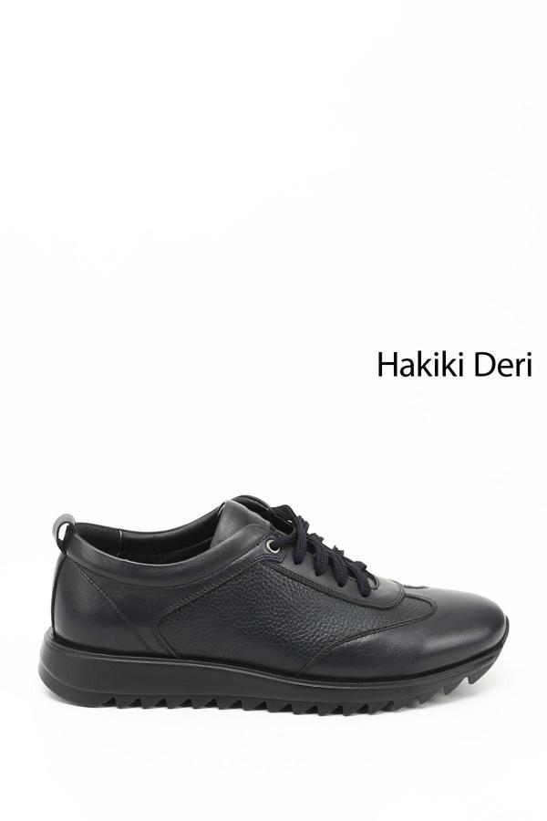 Erkek Lacivert Hakiki Deri Bağcıklı Sneaker - Image 1