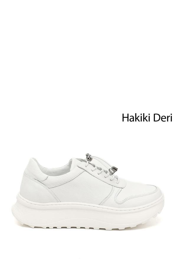 Kadın Beyaz Lastik Bağcıklı Comfort Hakiki Deri Sneaker - Image 1