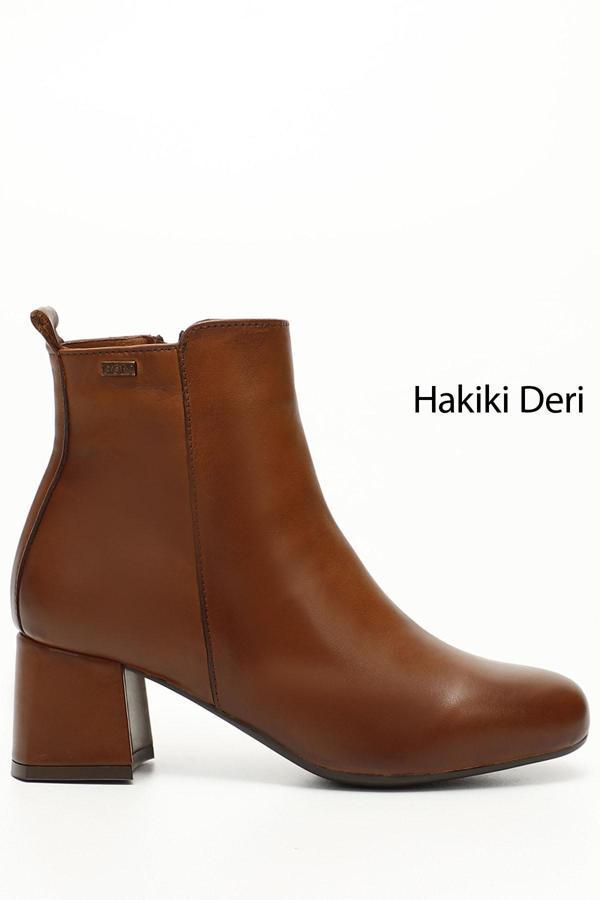 Kadın Taba Antik Fermuarlı Kalın Topuklu Hakiki Deri Bot - Image 1