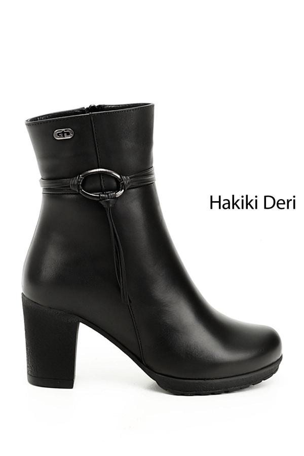 Kadın Siyah Fermuarlı Kalın Topuklu Hakiki Deri Bot - Image 1