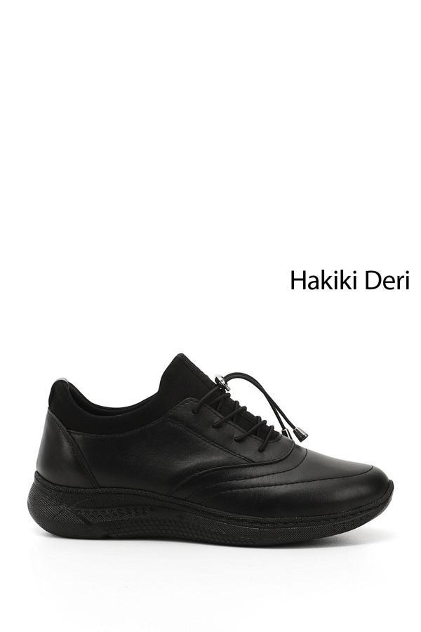 Kadın Siyah Bağcıklı Dolgu Taban Hakiki Deri Sneaker - Image 1