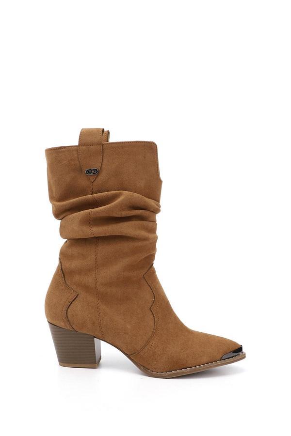 Kadın Taba Süet Sivri Burun Kalın Topuklu Kovboy Çizme - Image 1