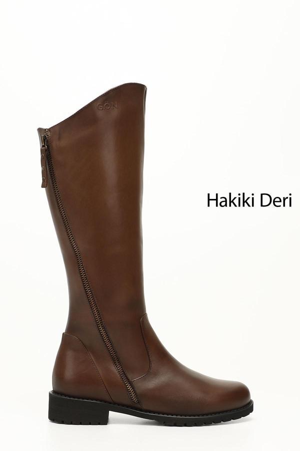 Kadın Kahve Antik Çift Fermuarlı Kauçuk Taban Hakiki Deri Çizme - Image 1