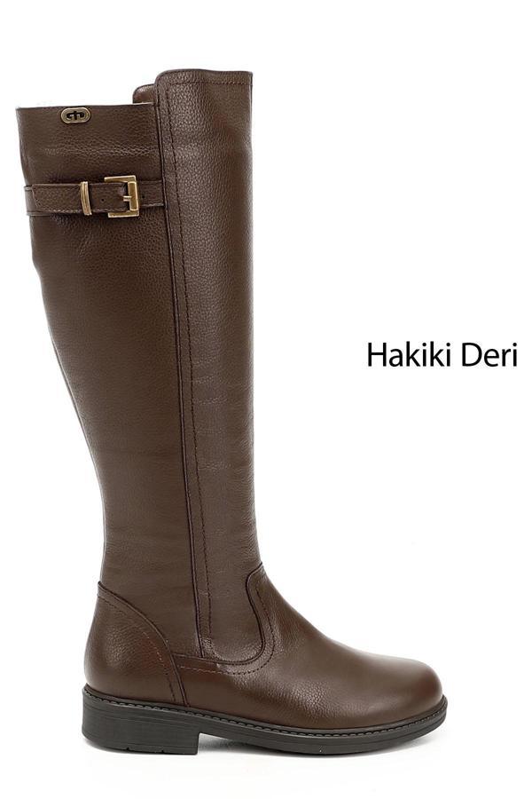 Kadın Kahve Floter Fermuarlı Kauçuk Taban Hakiki Deri Çizme - Image 1
