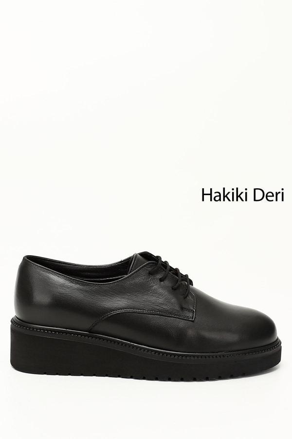 Kadın Siyah Bağcıklı Dolgu Taban Hakiki Deri Ayakkabı - Image 1