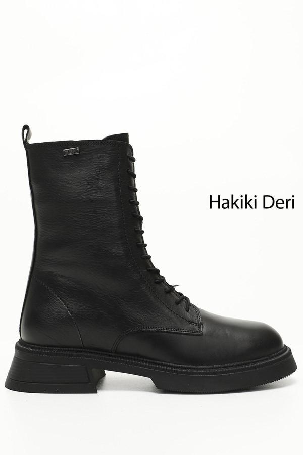 Kadın Siyah Fermuarlı Kalın Taban Hakiki Deri Postal Bot - Image 1