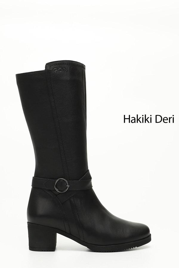 Kadın Siyah Fermuarlı Kalın Topuklu Hakiki Deri Çizme - Image 1