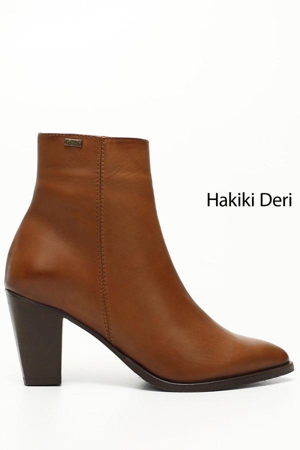 Kadın Taba Antik Fermuarlı Sivri Burun Hakiki Deri Bot - Image 1
