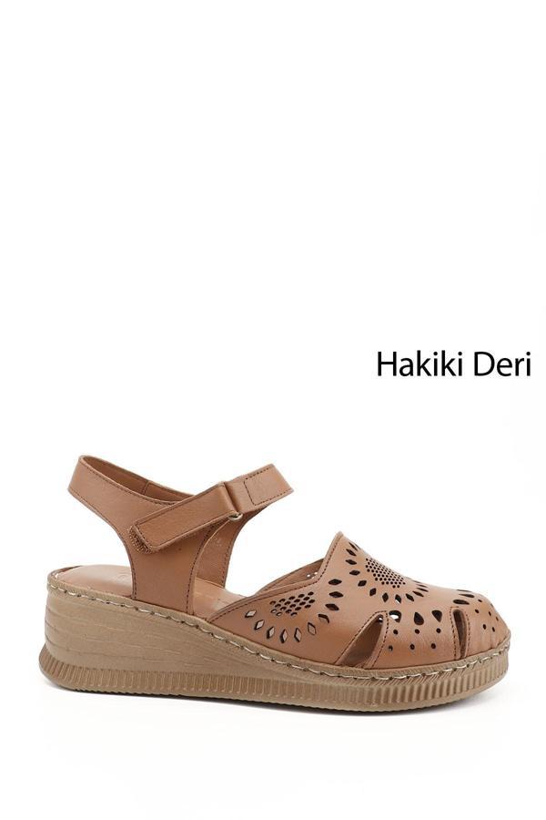 Kadın Taba Antik Cırt Bantlı Hakiki Deri Dolgu Tabanlı Sandalet - Image 1