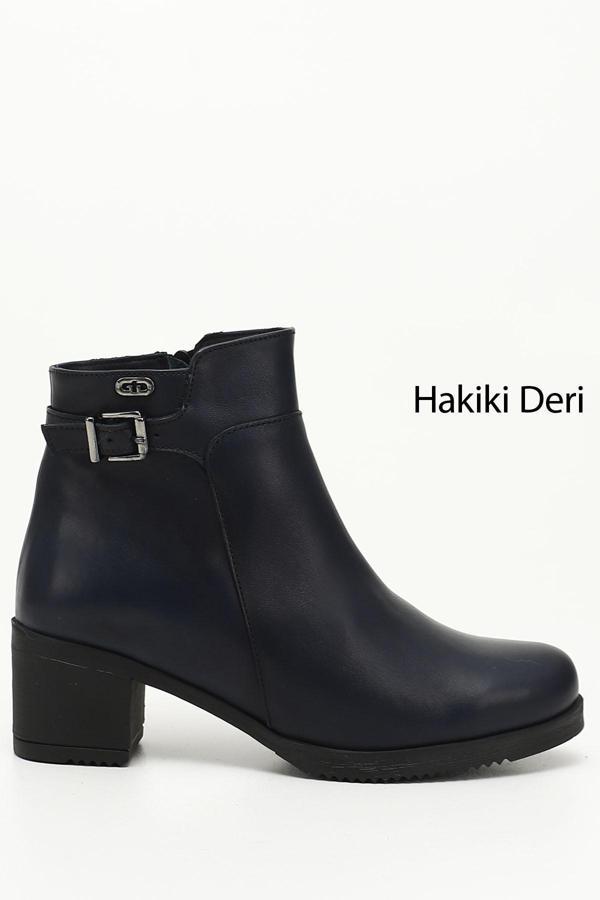 Kadın Lacivert Antik Fermuarlı Kalın Topuklu Hakiki Deri Bot - Image 1