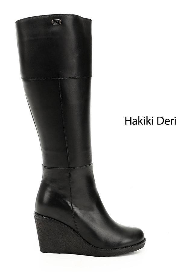 Kadın Siyah Fermuarlı Dolgu Topuklu Hakiki Deri Çizme - Image 1