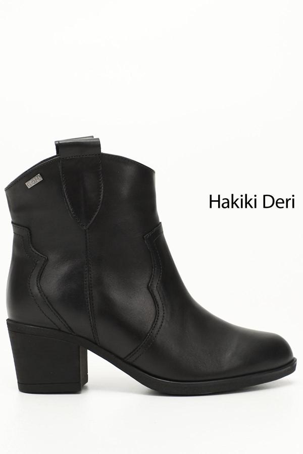 Kadın Siyah Kalın Topuklu Hakiki Deri Kovboy Bot - Image 1