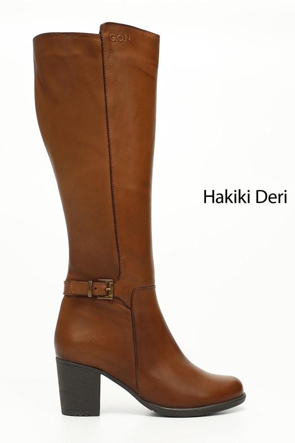 Kadın Taba Antik Fermuarlı Kalın Topuklu Hakiki Deri Çizme - Image 1