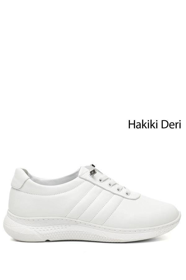 Kadın Beyaz Bağcıklı Dolgu Taban Hakiki Deri Sneaker - Image 1