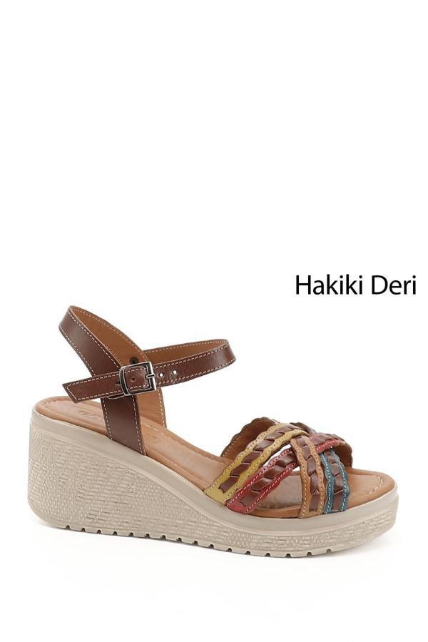 Kadın KAHVEYE SARI Bilek Bağlı Dolgu Taban Hakiki Deri Sandalet - Image 1