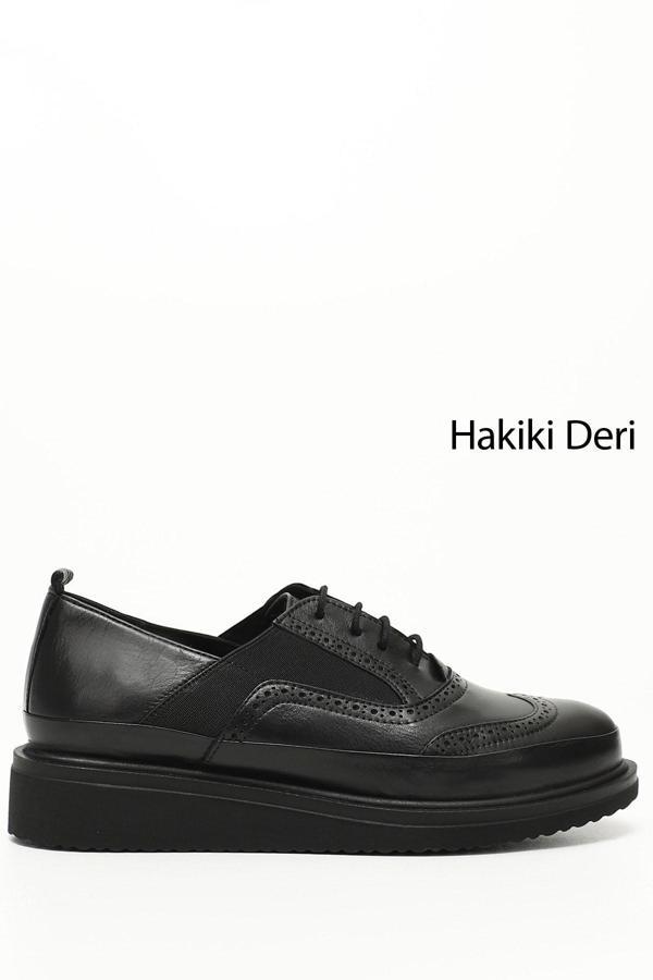 Kadın Siyah Bağcıklı Dolgu Taban Hakiki Deri Ayakkabı - Image 1