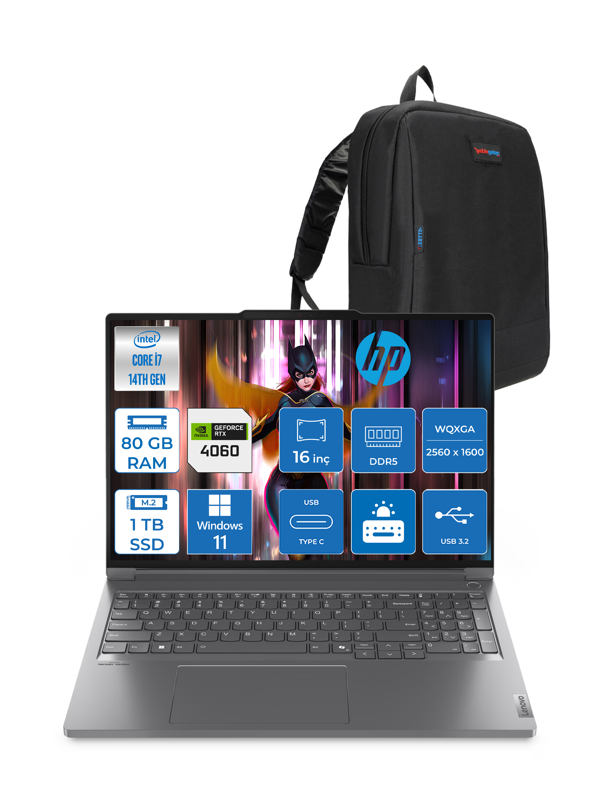 Lenovo Thinkbook 16P G5 Intel Core I7 14650HX 80GB Ddr5 1tb SSD RTX4060 8gb Windows 11 Home 16" Wqxga (2560X1600) IPS 400NITS Taşınabilir Bilgisayar 21N50018TRH14 + Zetta Çanta - Image 1