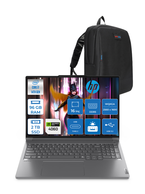 Lenovo Thinkbook 16P G5 Intel Core I7 14650HX 96GB Ddr5 2tb SSD RTX4060 8gb Freedos 16" Wqxga (2560X1600) IPS 400NITS Taşınabilir Bilgisayar 21N50018TRF19 + Zetta Çanta - Image 1
