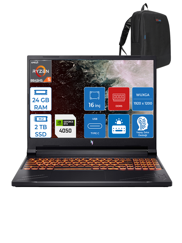 Acer Nitro ANV16 Ryzen 5 8645HS 24GB Ddr5 2tb SSD 6GB/RTX4050/85W WIN11PRO 16" Wuxga 165Hz Taşınabilir Bilgisayar NHQRVEYP07 + Zettausbbellek - Image 1