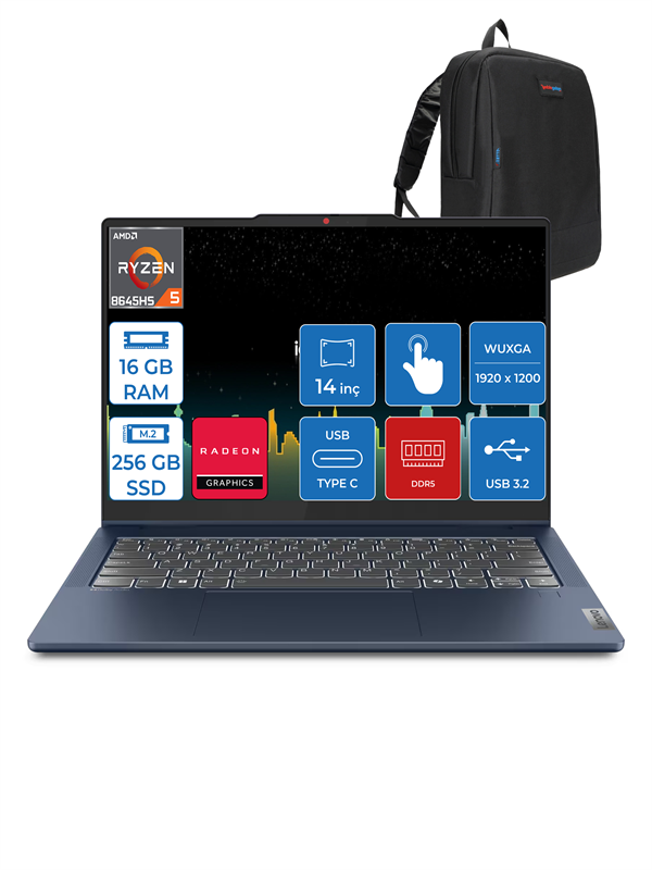Lenovo Ideapad 5 Amd Ryzen 5 8645HS 16GB Ddr5 256GB SSD WIN11PRO 14" Wuxga 300NITS IPS Dokunmatik Bilgisayar ID83DR0030TRP01 + Zettaçanta - Image 1