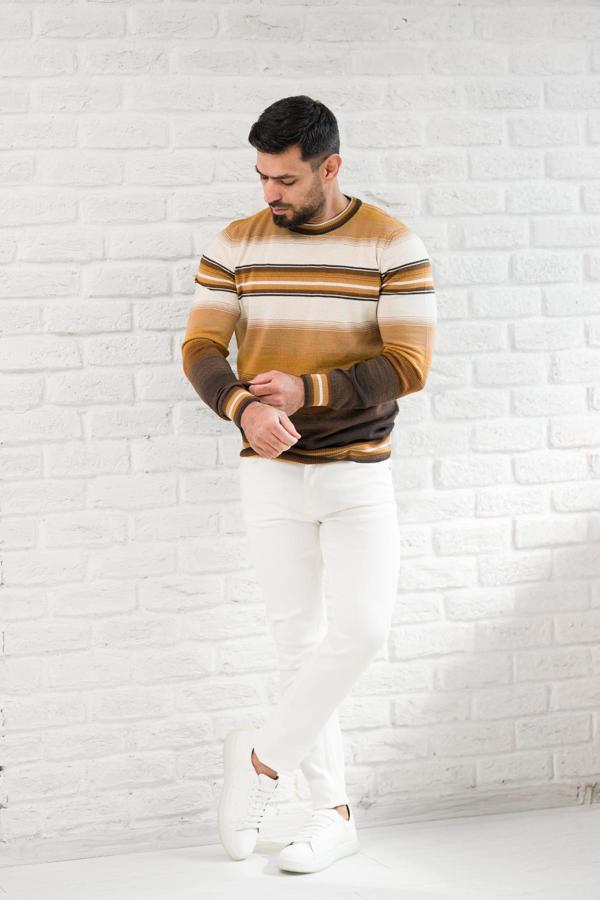 San&Fa Bisiklet Yaka Çizgili Slimfit Yünlü Triko Kazak - Image 1