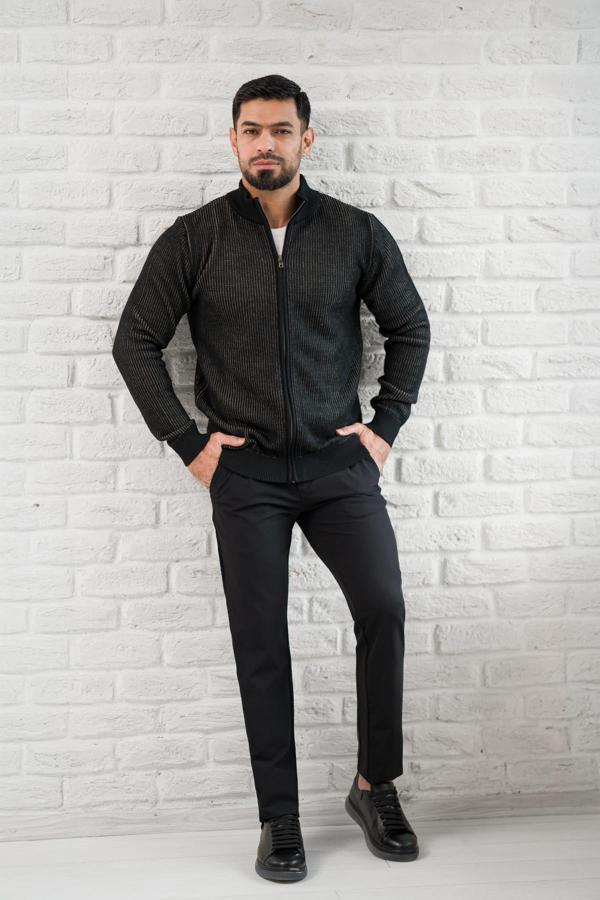 San&Fa Dik Yaka Çizgili Fermuarlı Regular Fit Yünlü Triko Hırka - Image 1