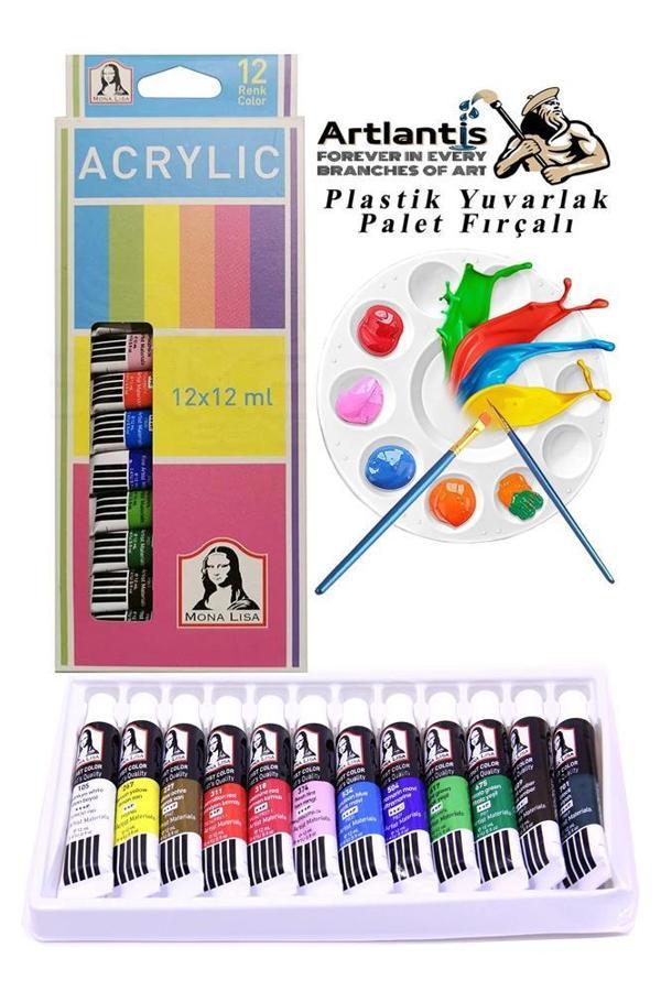 Akrilik Boya Monalisa 12 Renk 12 Ml Tüp 1 Paket 12 Li Akrilik Boya Seti ve Yuvarlak Resim Paleti Fırçalı 1 Paket 10 Hazn - Image 1