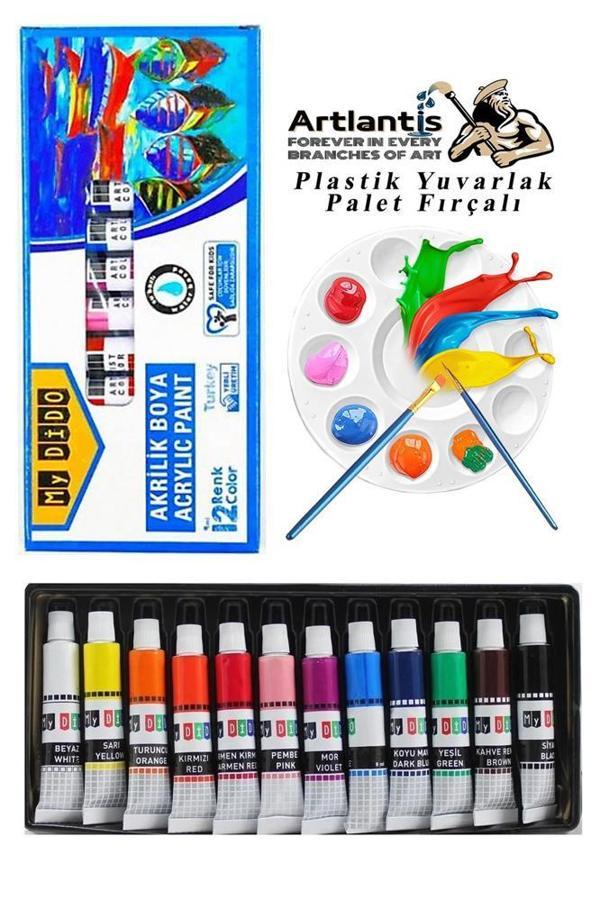 Akrilik Boya Mydido 12 Renk 9 ml Tüp 1 Paket 12 Li Akrilik Boya Seti ve Yuvarlak Resim Paleti Fırçalı 1 Paket 10 Hazneli - Image 1