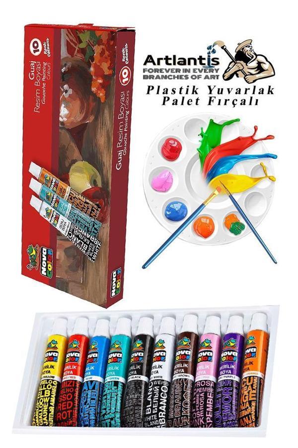 Guaj Boya 10 Renk Nova Color 9 Ml Tüp 1 Paket 10 Lu Guaj Boya Seti ve Yuvarlak Resim Paleti Fırçalı 1 Paket 10 Hazneli B - Image 1