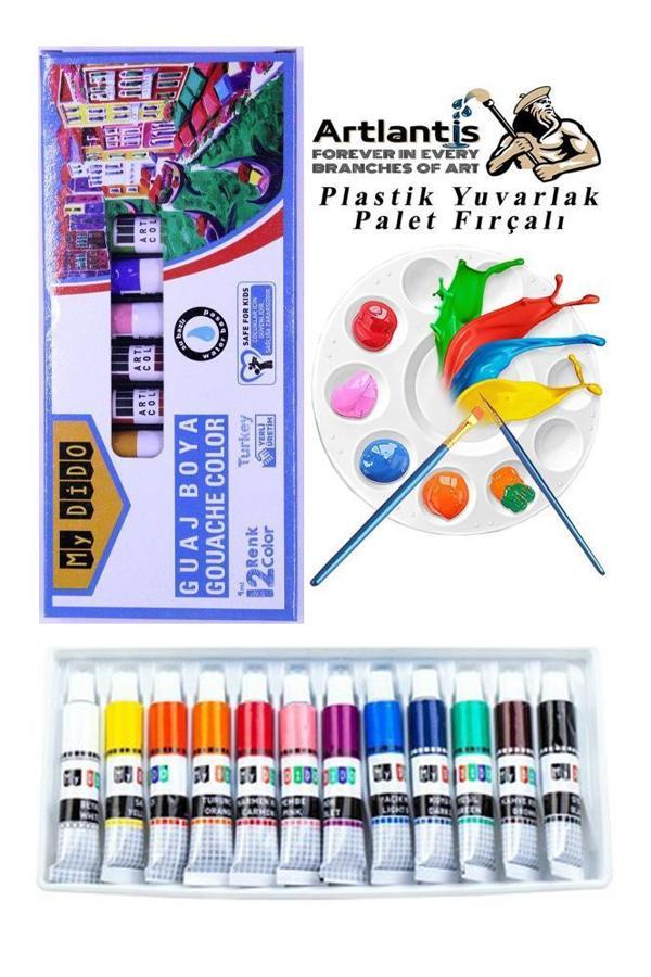Guaj Boya 12 Renk Mydido 9 Ml Tüp 1 Paket 12 Li Guaj Boya Seti ve Yuvarlak Resim Paleti Fırçalı 1 Paket 10 Hazneli Boya  - Image 1