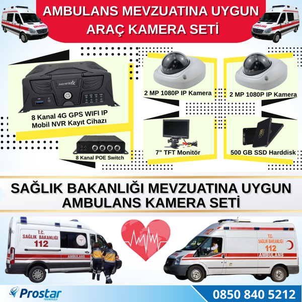 Ambulans Mevzuatına Uygun 2 Kameralı 8 Kanal Mobil NVR 500 GB 7 inç Monitörlü Tak Kullan Set - Image 1