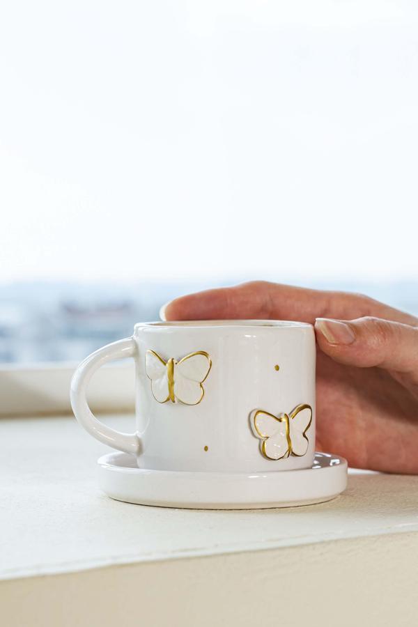 Gold Kelebek Amore El Yapımı Seramik Double Kahve Fincanı Mug Kupa - Image 1