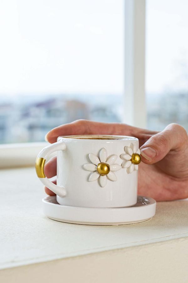Gold Papatya Amore El Yapımı Seramik Double Kahve Fincanı Mug Kupa - Image 1