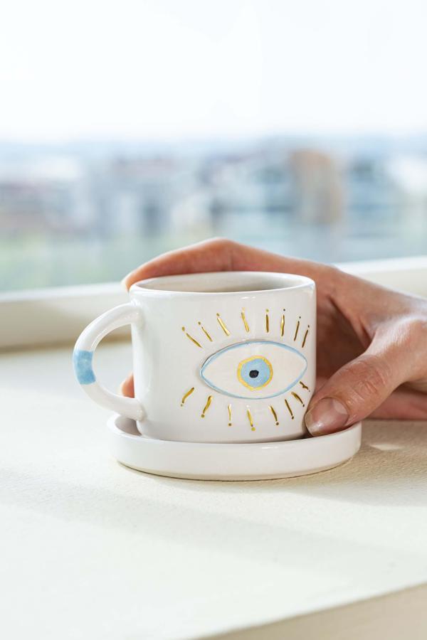 Göz Desenli Amore El Yapımı Seramik Double Kahve Fincanı Mug Kupa - Image 1