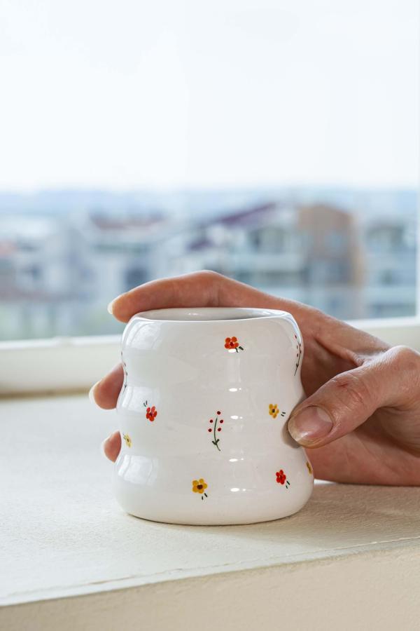 Minimal Çiçekler Amore El Yapımı Seramik Double Kahve Bardağı Mug Kupa - Image 1