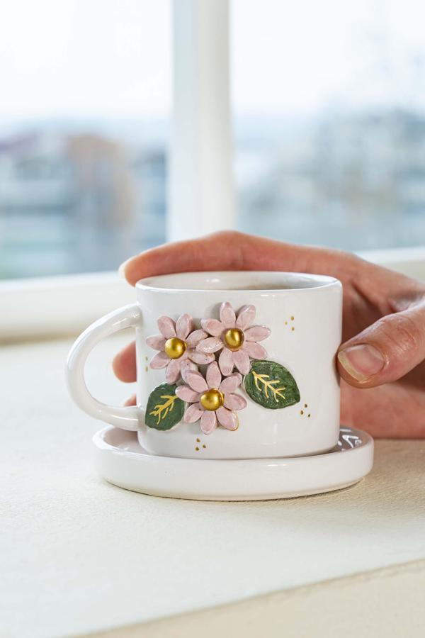 Pembe Çiçekli Amore El Yapımı Seramik Double Kahve Fincanı Mug Kupa - Image 1