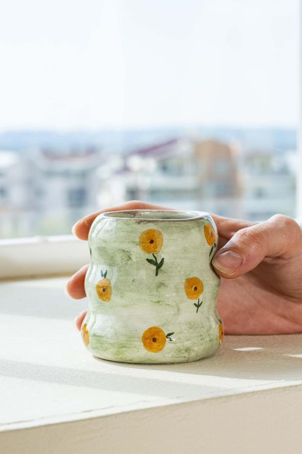 Yeşil Çiçek Amore El Yapımı Seramik Double Kahve Bardağı Mug Kupa - Image 1
