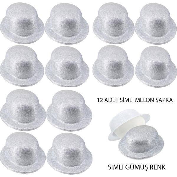 Gümüş Renk Simli Melon Yuvarlak Parti Şapkası 12 Adet - Image 1